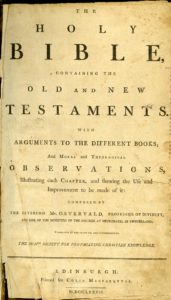 The Holy Bible with commentary by the Reverend Mr. Ostervald (1777). The Thomas Lincoln family owned and read the 1799 edition of this Bible MQ5215