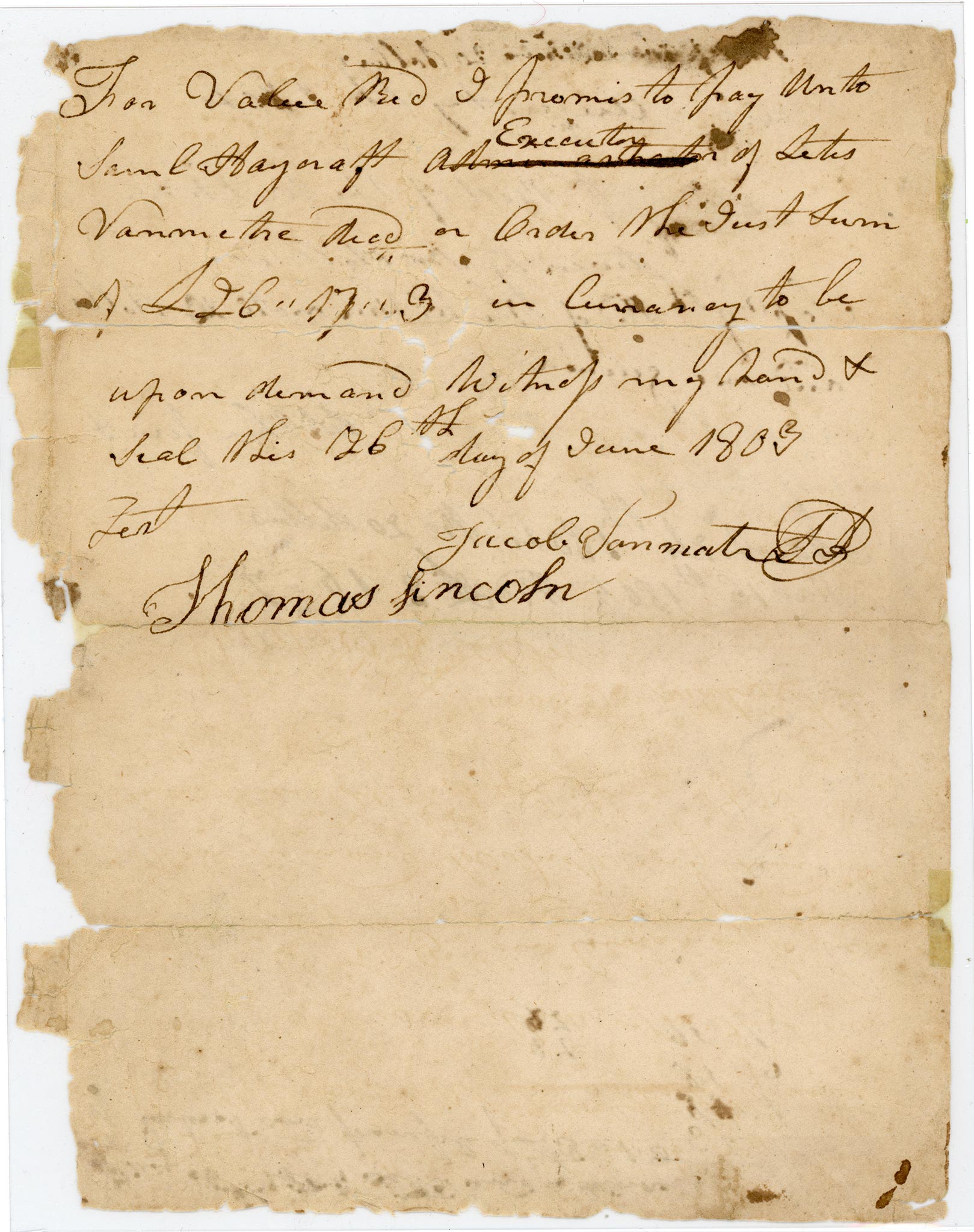 Thomas Lincoln signature, June 26, 1803 71200908303000