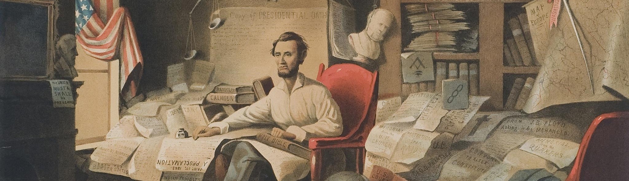 Abraham Lincoln sitting in a red chair surrounded by stacks of paper