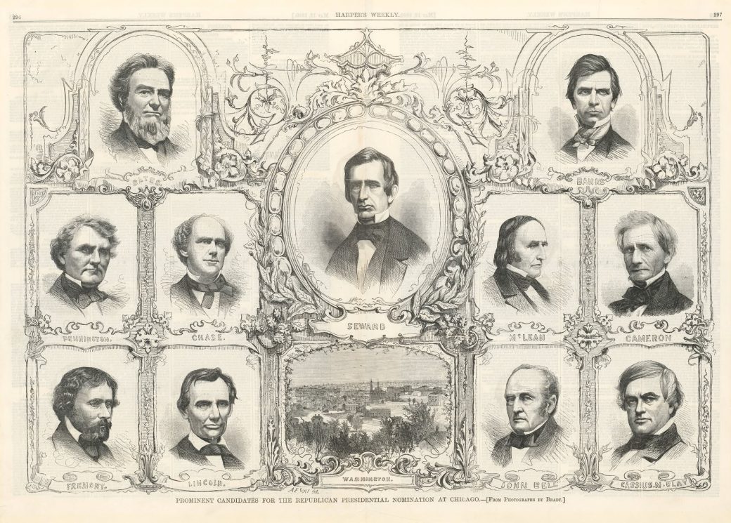 Illustrated Harper’s Weekly spread showing portraits of prominent Republican presidential contenders in 1860, including Abraham Lincoln, William Seward, Salmon Chase, and others, arranged around a view of Washington, D.C.