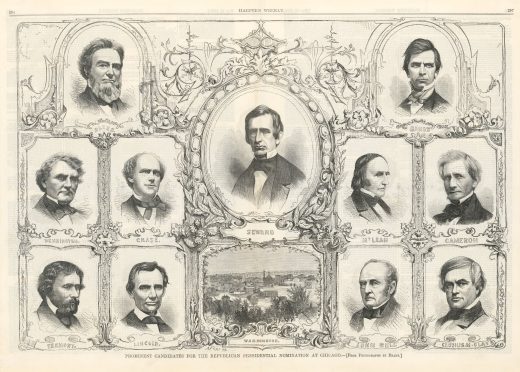 Illustrated Harper’s Weekly spread showing portraits of prominent Republican presidential contenders in 1860, including Abraham Lincoln, William Seward, Salmon Chase, and others, arranged around a view of Washington, D.C.