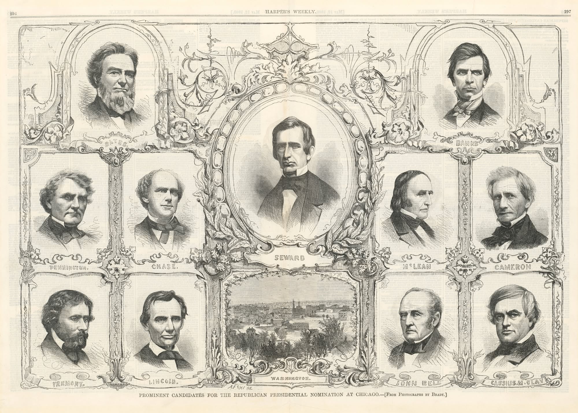 Illustrated Harper’s Weekly spread showing portraits of prominent Republican presidential contenders in 1860, including Abraham Lincoln, William Seward, Salmon Chase, and others, arranged around a view of Washington, D.C.
