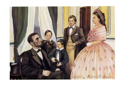 Illustration of Abraham Lincoln seated with Mary Todd Lincoln and their sons, Robert, Willie, and Tad, gathered in a room.