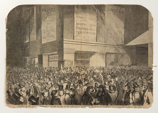 Engraving of a large nighttime crowd gathered outside the New York Herald office as presidential election returns are posted on the building.